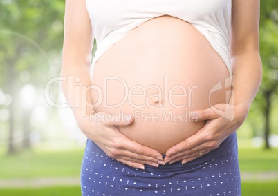 Close-up of pregnant woman holding her belly