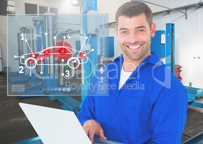 Portrait of a happy automobile mechanic holding laptop