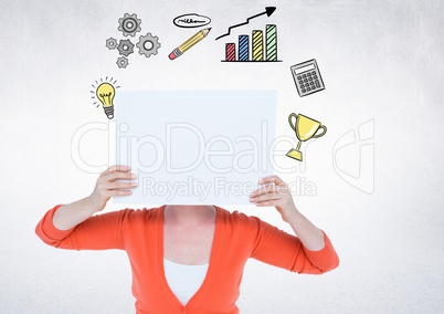 Woman covering her face with blank placard against business symbols on white background
