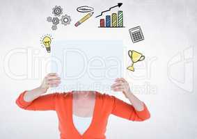 Woman covering her face with blank placard against business symbols on white background