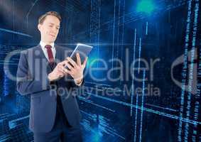 Businessman using digital tablet with binary codes in background