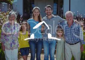 Home outline with multi generation family standing in background