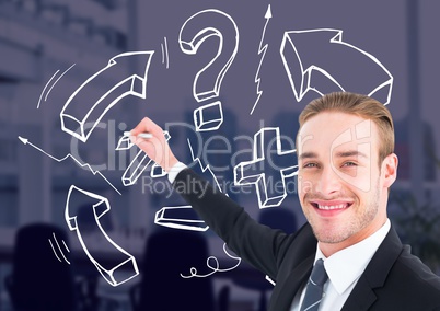 Businessman drawing with chalk against conference room in background