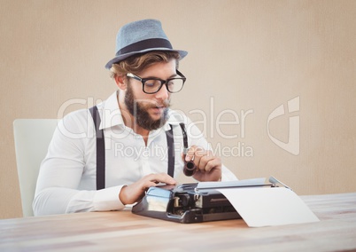 Retro style man holding smoking pipe and using a typewriter