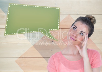 Digital composite image of smiling woman with speech bubble