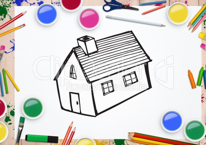 Drawn house shape on white paper with colour pencils