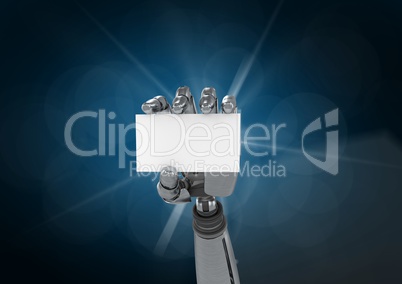 Robot hand holding placard against blue background