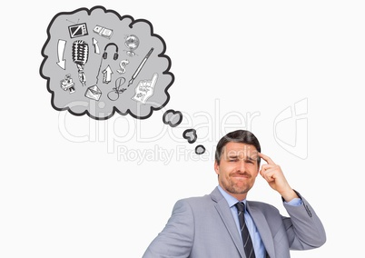 Businessman with various graphic icon on speech bubble