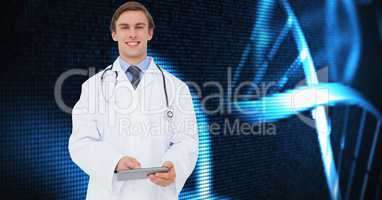 Doctor using digital tablet against medical backgorund