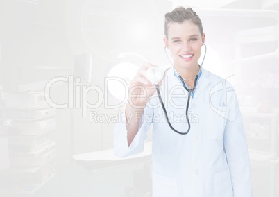 Female doctor using stethoscope on interface screen