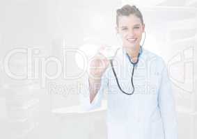 Female doctor using stethoscope on interface screen
