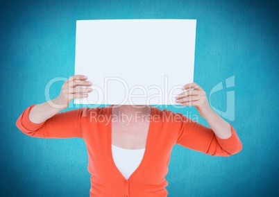Woman holding blank sheet of paper in front of her face