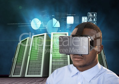Man using virtual reality headset against data center background