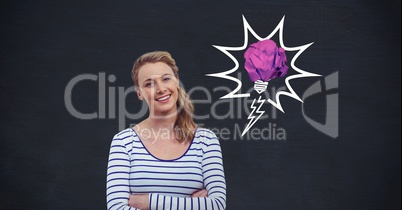 Woman standing with her arms crossed with idea concept in background