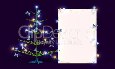 Mockup poster with Christmas tree and butterflies. Easel.
