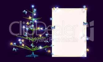 Mockup poster with Christmas tree and butterflies. Easel.