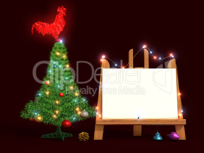 Mockup poster with Christmas tree and glass red rooster. Easel.