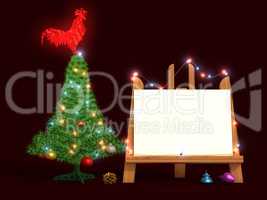 Mockup poster with Christmas tree and glass red rooster. Easel.