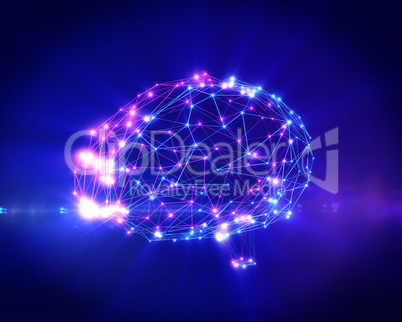 Polygonal brain shape with glowing lines and dots.