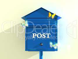 Blue Mail box with butterflies.