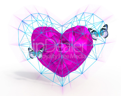 Heart in low poly style with blue butterflies.