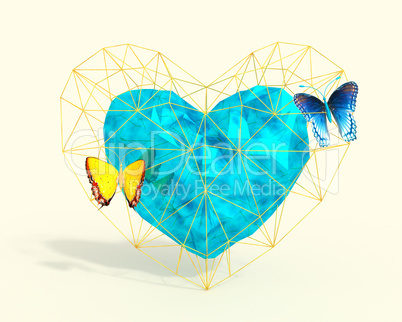 Heart in low poly style with blue and yellow butterflies.