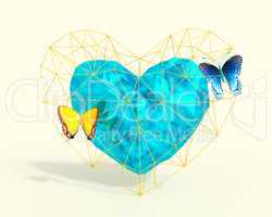 Heart in low poly style with blue and yellow butterflies.