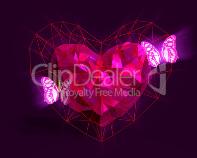Heart in low poly style with pink light and butterflies.