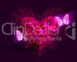 Heart in low poly style with pink light and butterflies.