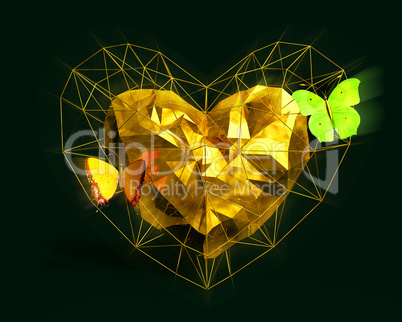 Heart in low poly style with yellow light and butterflies.