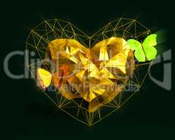 Heart in low poly style with yellow light and butterflies.