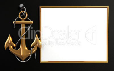 Highly detailed gold anchor with rope isolated on black background