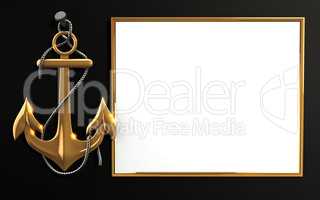 Highly detailed gold anchor with rope isolated on black background