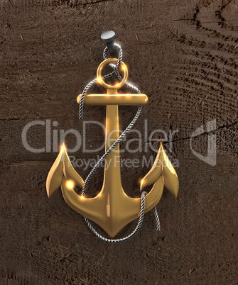 Golden anchor on grunge wood background