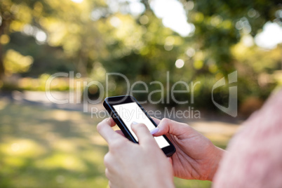 Womans hand using a mobile phone in the park