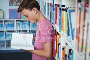 Attentive schoolboy reading book in library