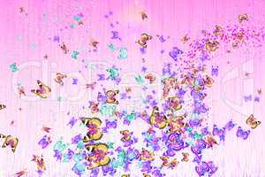 Multicolored butterflies on a pink background