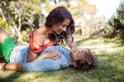 Romantic couple embracing in park