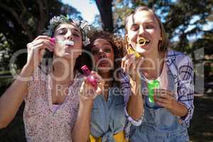 Female friends blowing bubbles in park