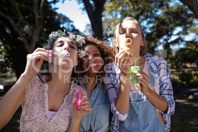 Female friends blowing bubbles in park