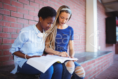 Attentive schoolgirls reading book
