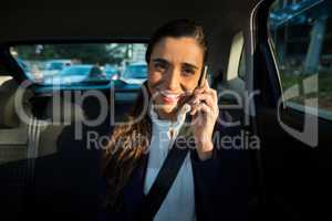 Business executive talking on mobile phone in car