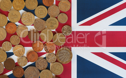 Pound coins, United Kingdom over flag