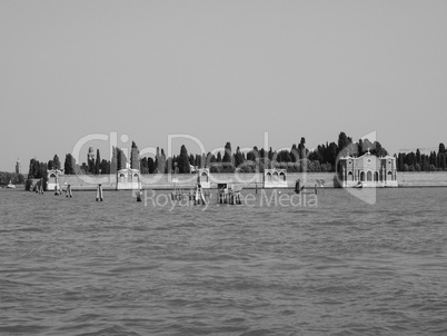 San Michele cemetery island in Venice in black and white