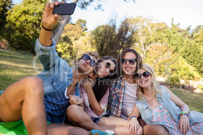 Friends clicking selfie while having picnic