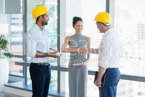 Smiling architects shaking hands with each other