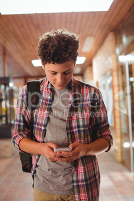 Schoolboy using mobile phone in corridor at school