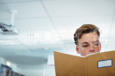 Schoolboy reading book in library