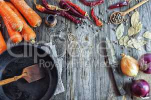 Empty black frying pan and vegetables on a gray wooden surface