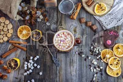 Cocoa with marshmallows and an iron spoon